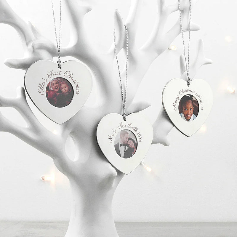 Personalised Silver Heart Photo Frame Tree Decoration