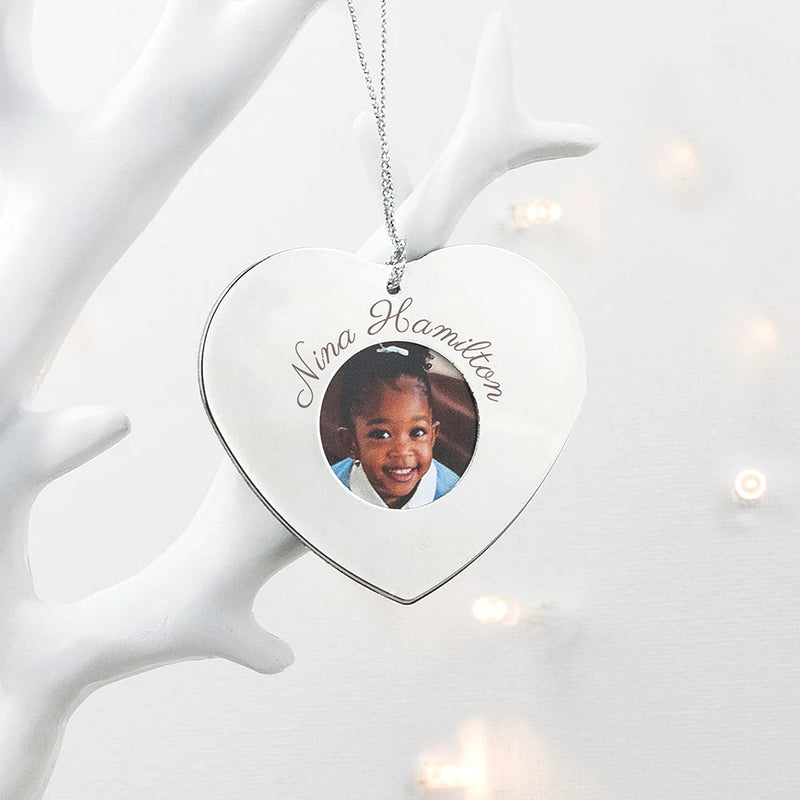 Personalised Silver Heart Photo Frame Tree Decoration