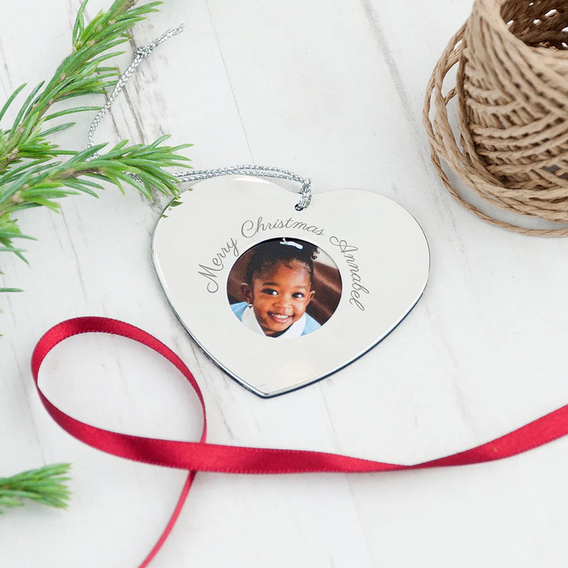 Personalised Silver Heart Photo Frame Tree Decoration