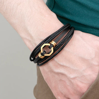 Personalised Men's Mayfair Leather Bracelet in Gold