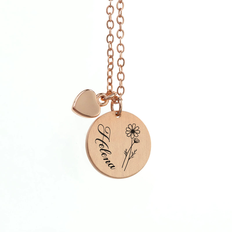 Personalised Birth Flower Brushed Heart and Disc Necklace