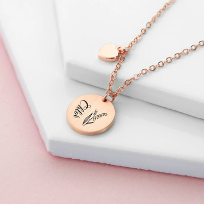 Personalised Birth Flower Brushed Heart and Disc Necklace