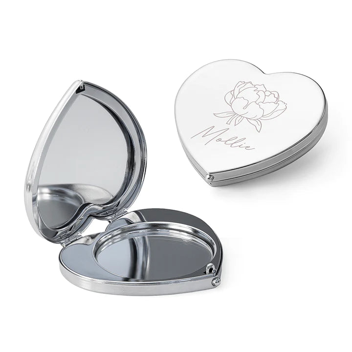 Personalised Silver Heart Birth Flower Compact Mirror