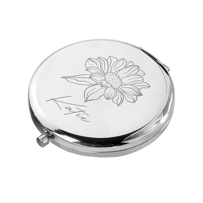 Personalised Silver Round Birth Flower Compact Mirror