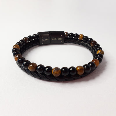 Personalised Men's Tigers Eye Leather and Bead Bracelet
