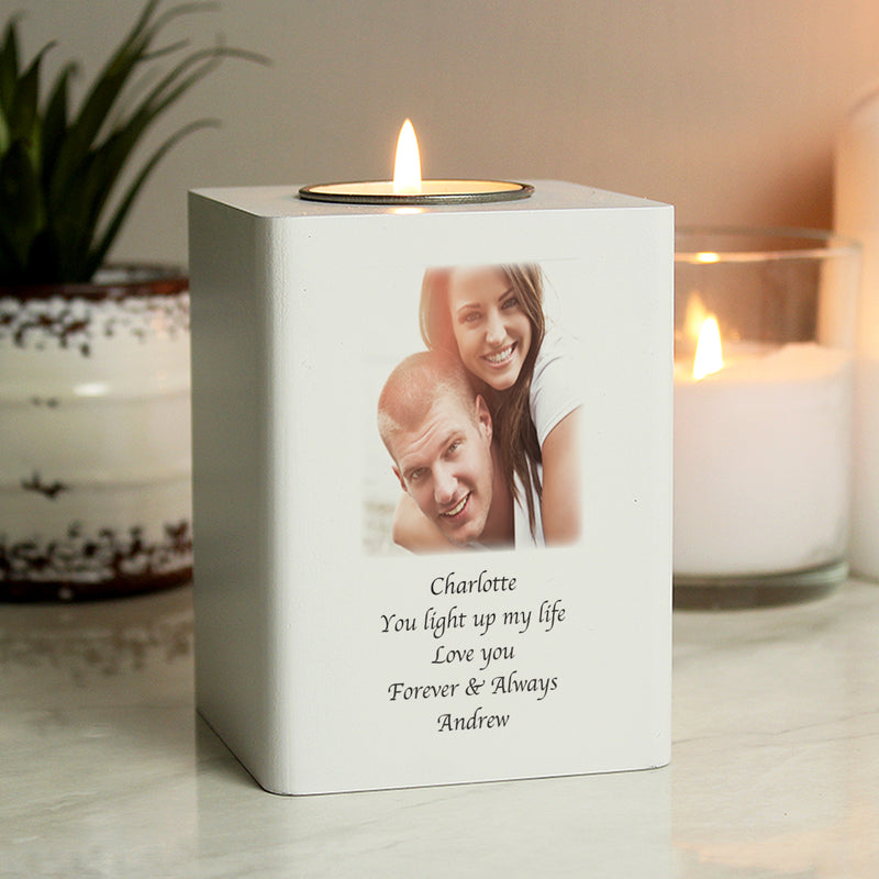 Really Cool Gifts - Personalised Photo Upload White Wooden Tea light Holder