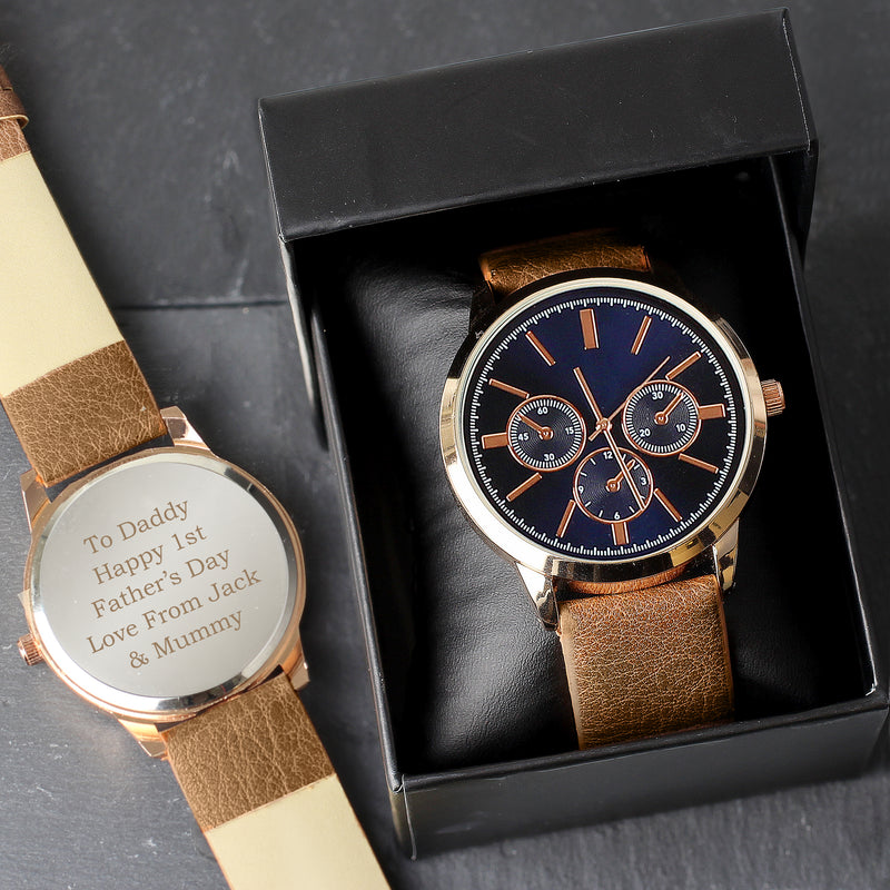 Personalised Mens Rose Gold Tone Watch with Brown Strap and Presentation Box by Really Cool Gifts Really Cool Gifts