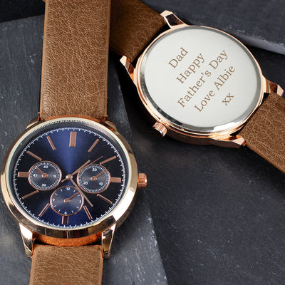 Personalised Mens Rose Gold Tone Watch with Brown Strap and Presentation Box by Really Cool Gifts Really Cool Gifts