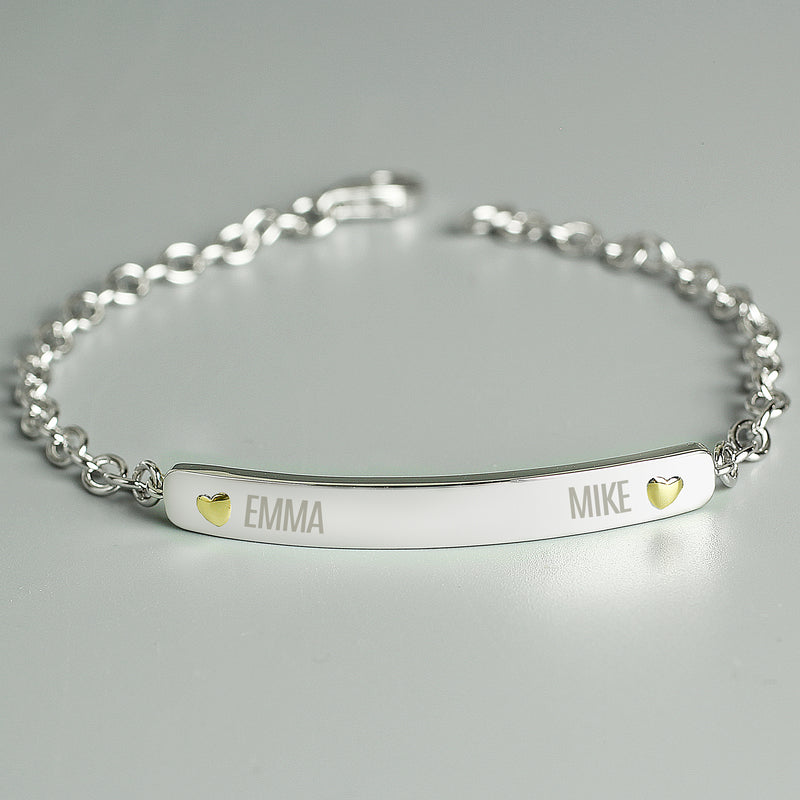 Personalised Two Names Sterling Silver and 9ct Gold Bar Bracelet Really Cool Gifts