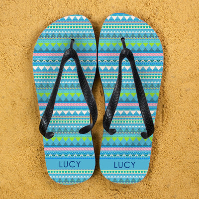 Aztec Style Personalised Flip Flops In Blue by Really Cool Gifts Really Cool Gifts