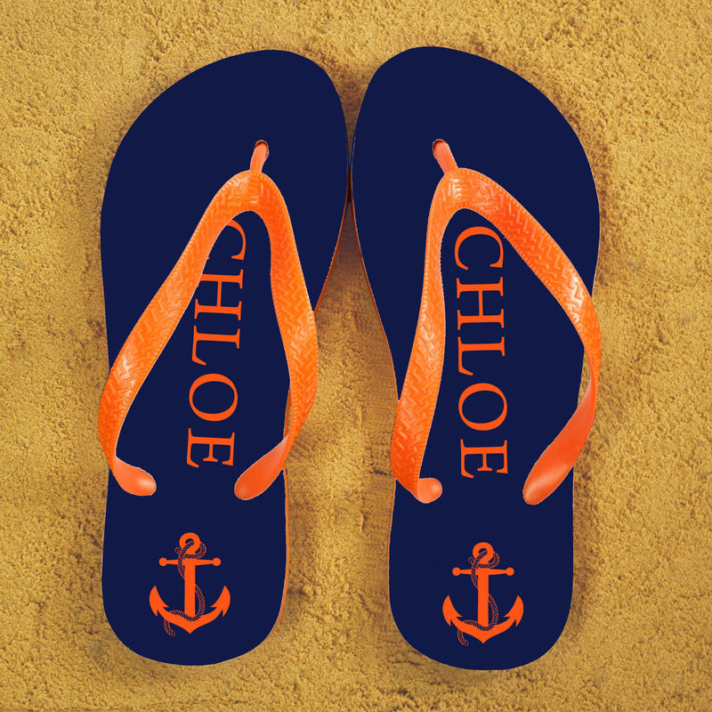 Anchor Style Personalised Flip Flops In Blue And Orange by Really Cool Gifts Really Cool Gifts