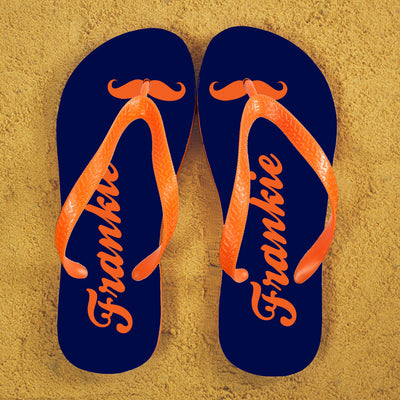 Moustache Style Personalised Flip Flops In Blue And Orange by Really Cool Gifts
