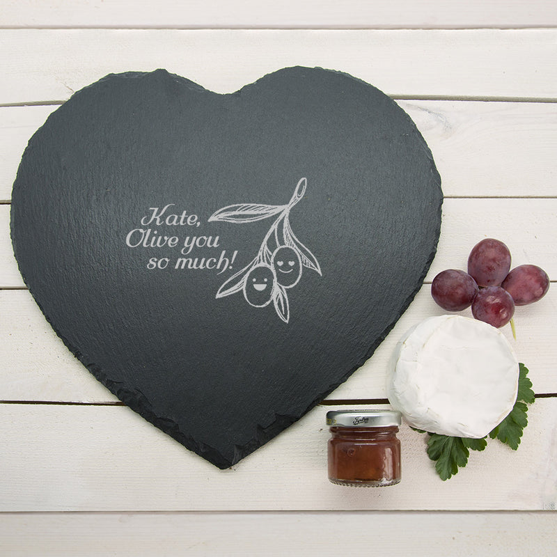 Romantic Pun "Olive You So Much" Heart Slate Cheese Board Really Cool Gifts
