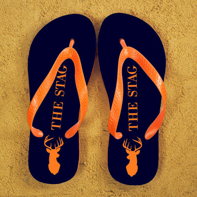 Stag Design Personalised Flip Flops In Blue And Orange by Really Cool Gifts Really Cool Gifts