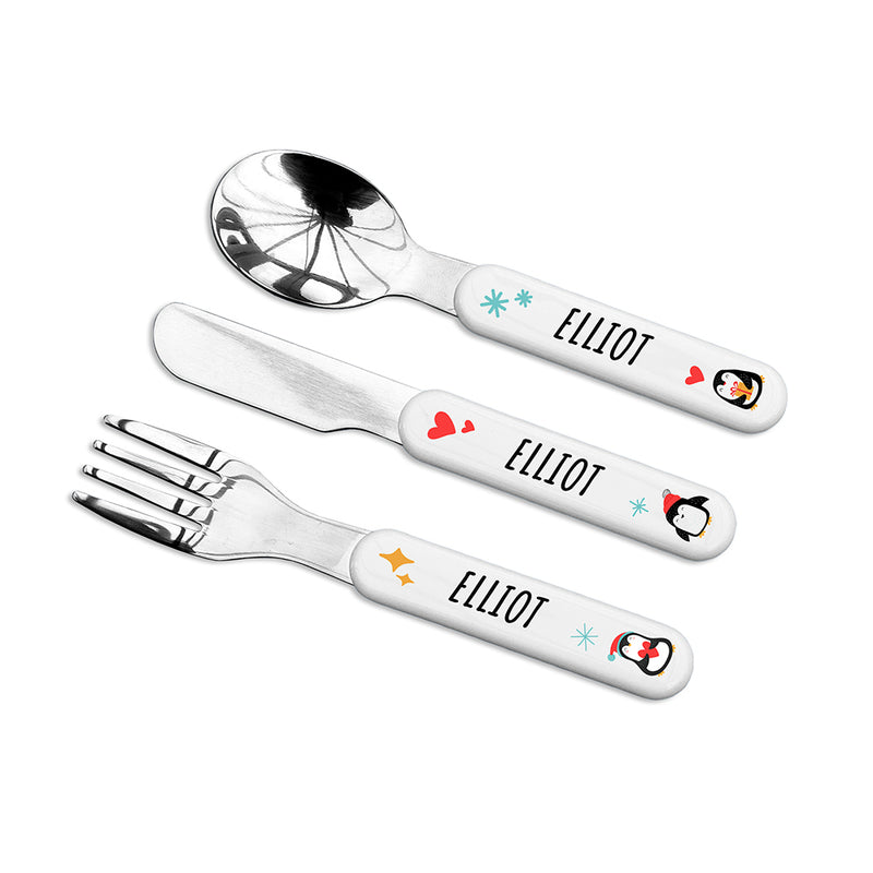 Personalised Kids Winter Penguin Cutlery Set - Metal by Really Cool Gifts