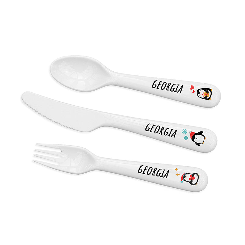 Personalised Kids Winter Penguin Cutlery Set - Plastic by Really Cool Gifts