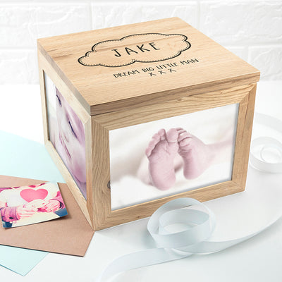 Personalised Baby Name In Cloud Oak Photo Keepsake Box by Really Cool Gifts Really Cool Gifts