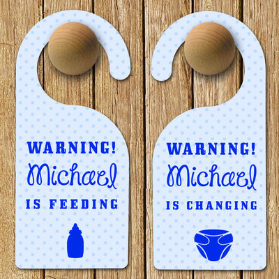 Personalised Baby Warning Door Hanger In Blue By Really Cool Gifts