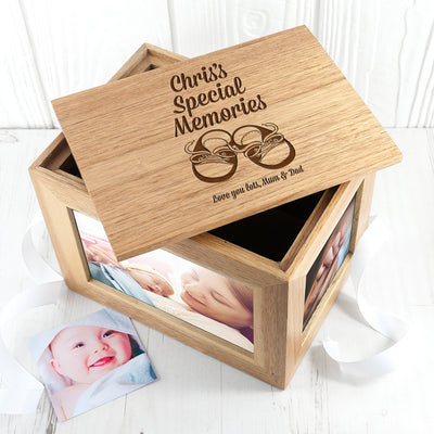 Personalised Baby Shoes Midi Oak Photo Cube Keepsake Box By Really Cool Gifts