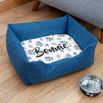 Personalised Blue Comfort Dog Bed With Blue Floral Design by Really Cool Gifts Really Cool Gifts