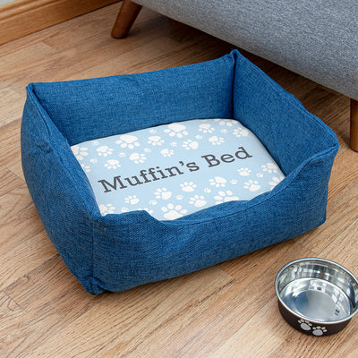 Personalised Blue Comfort Dog Bed With Blue Paw Print Design by Really Cool Gifts Really Cool Gifts