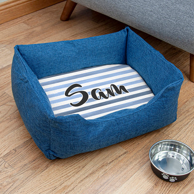 Personalised Blue Comfort Dog Bed With Blue Striped Design Really Cool Gifts