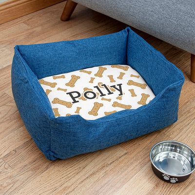 PERSONALISED BLUE COMFORT DOG BED WITH DOG BISCUIT DESIGN BY REALLY COOL GIFTS