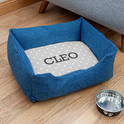 Personalised Blue Comfort Dog Bed With Grey Spots Design by Really Cool Gifts Really Cool Gifts