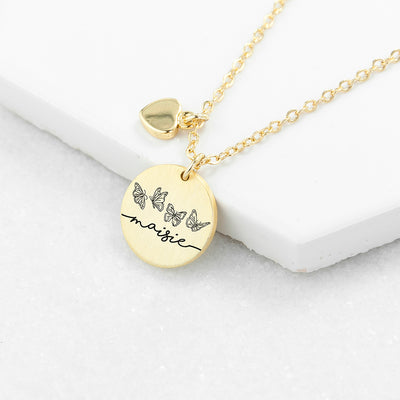 Personalised Butterfly Row Matte Heart & Disc Necklace by Really Cool Gifts Really Cool Gifts