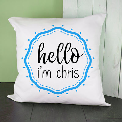 PERSONALISED HELLO BABY IN BLUE FRAME CUSHION COVER BY REALLY COOL GIFTS
