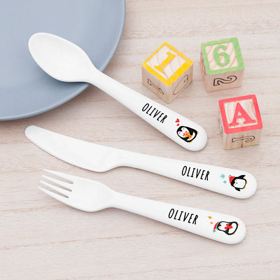 Personalised Kids Winter Penguin Cutlery Set - Plastic by Really Cool Gifts